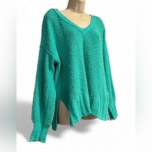 Pilcro Anthropologie Teal V-Neck Sweater Small Textured Knit Oversized Cozy